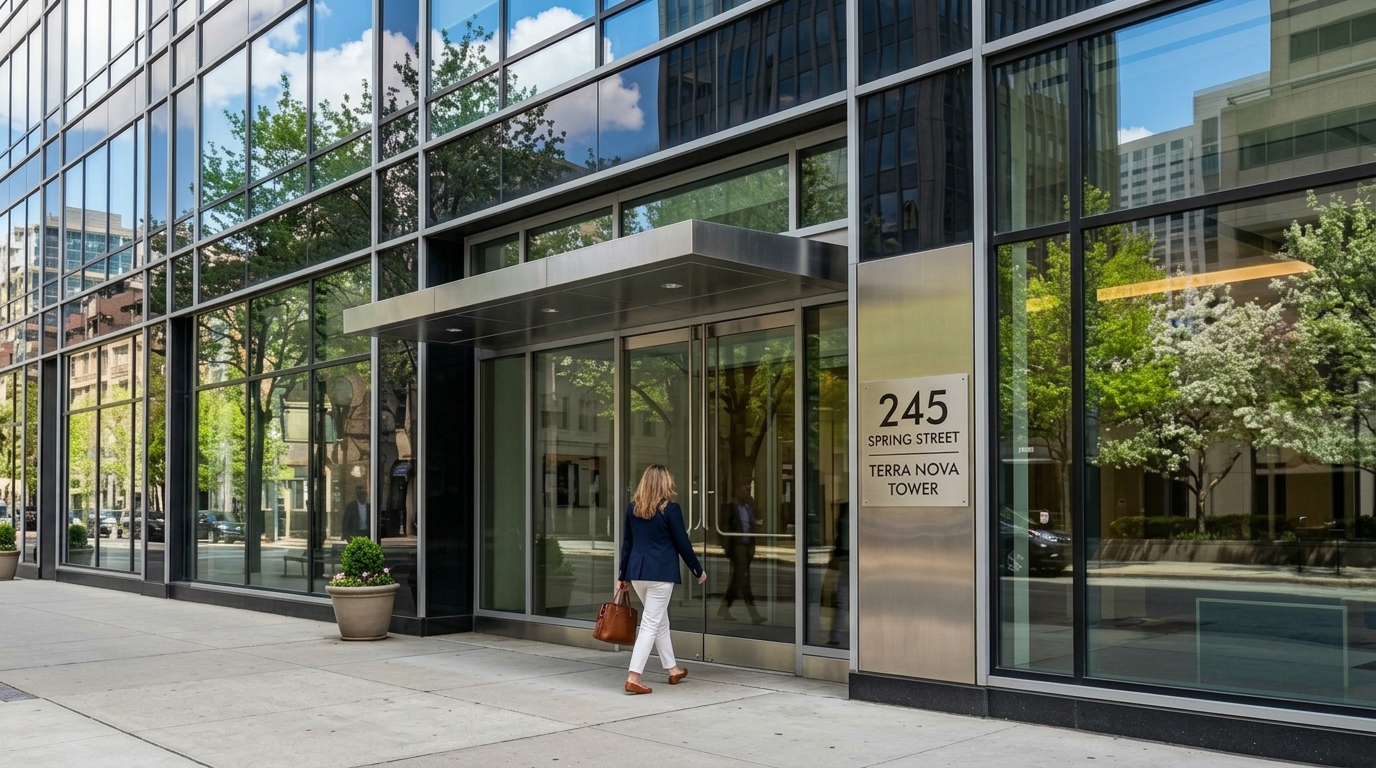 Exterior of office building with reflective windows