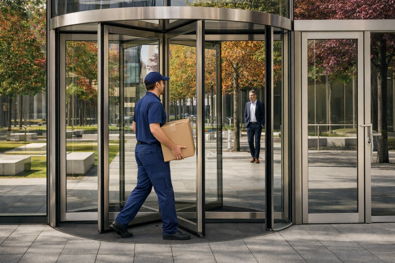 delivery man walking into an office building with a package